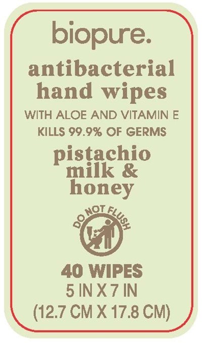 Antibacterial Wipes (Biopure Wipes Pistachio Milk Honey Label2)